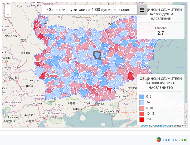 Общински служители в Габрово на 1000 души население. Източник: ИПИ, Инфограф